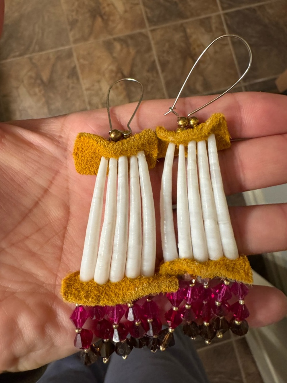 Indigenous-Made Dentalium Bead Drop Earrings with Gold, Red and Fushia Beads